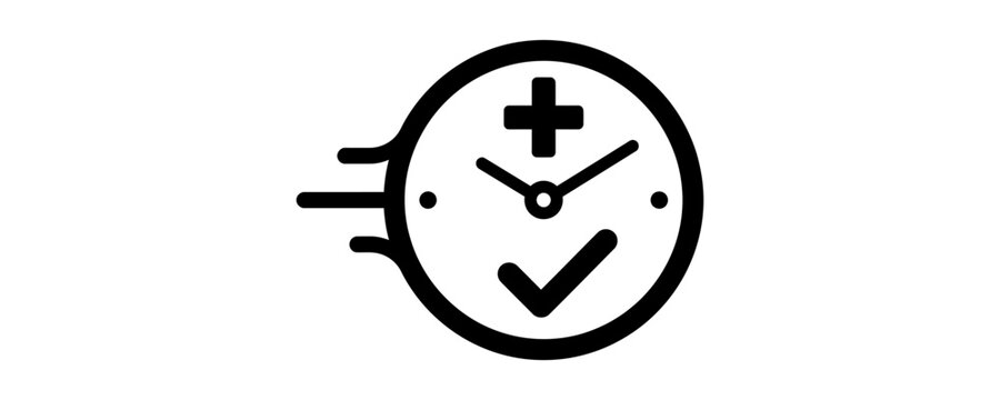 Fast medical emergency response time icon with clock and cross symbol.