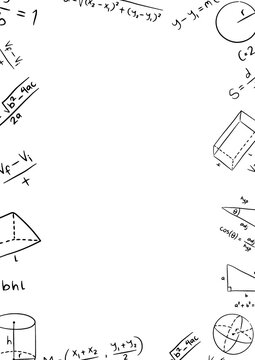 Black geometry formulas frame png, hand drawn math equations side border, algebra calculation page margin overlay, science education whiteboard doodle isolated on transparent background