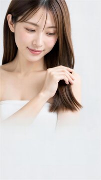 下を向いて両手で毛先を整える女性