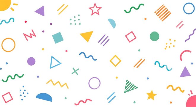 Vibrant, playful geometric shapes and patterns on a white background