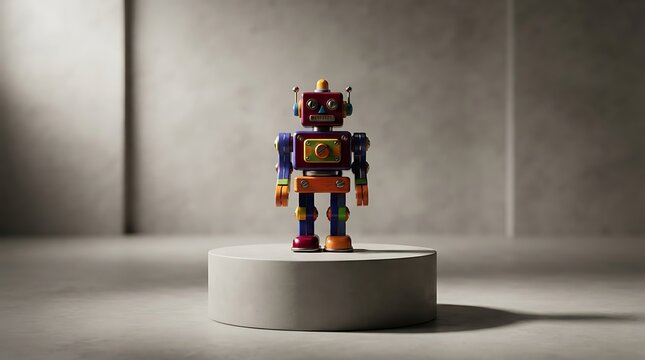A colorful, retro-style toy robot standing proudly on a pedestal, showcasing its vintage charm and playful design