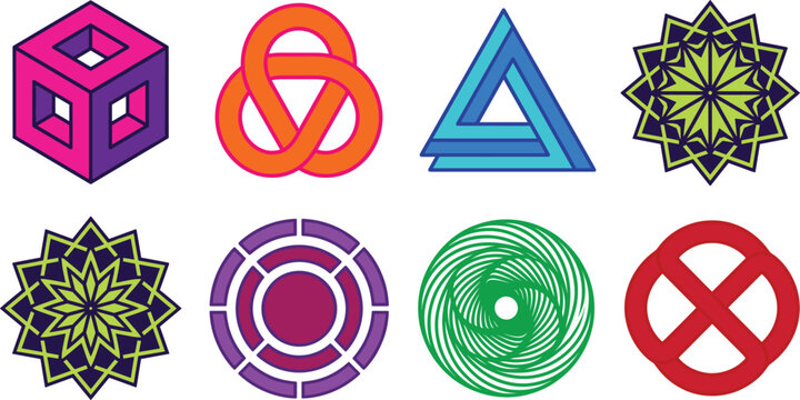 Abstract geometric vector shapes set with impossible cube triangle knot mandala circle spiral and cross emblems