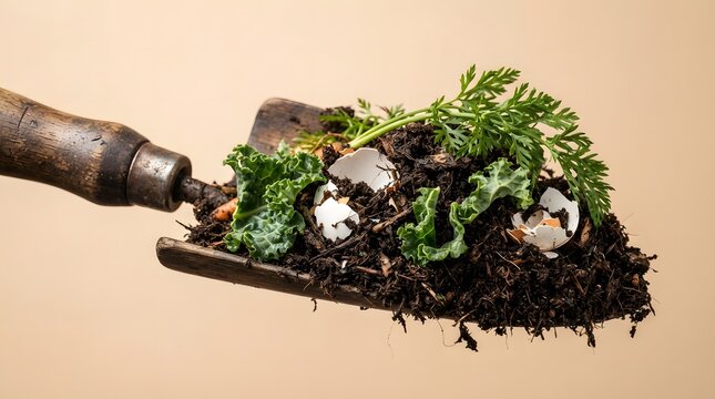 Rusty gardening trowel holding dark compost soil with eggshells and vegetable scraps