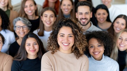 Obraz premium A diverse group of smiling people stand together indoors, looking at the camera.