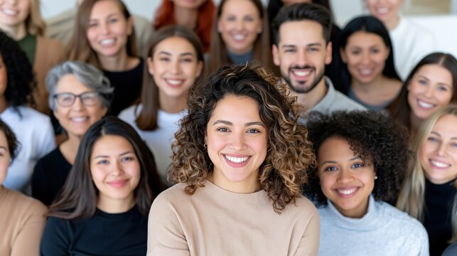 A diverse group of smiling people stand together indoors, looking at the camera.