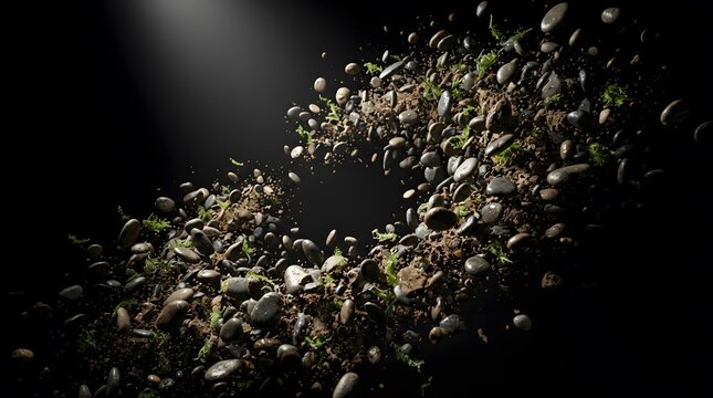 Exploding river stones and dark soil flying in mid air illuminated by spotlight on black