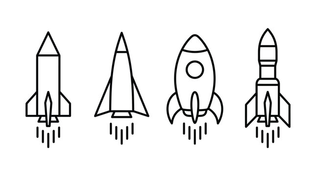 Modern rocket ship icons displaying thin black outlines for space exploration projects on a clean white professional graphic art background