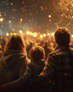 Family watching fireworks with sparkling lights in the night sky