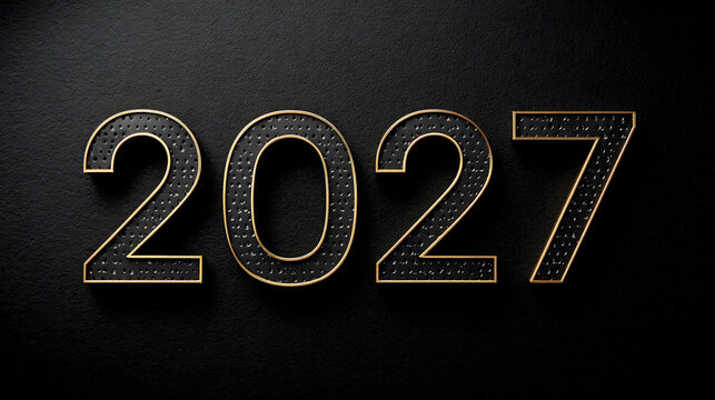 Black textured 2027 numbers with golden outline for calendar design 3D rendered