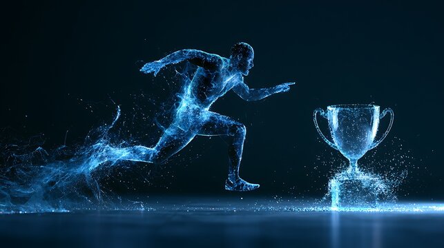 Digital runner reaching for a trophy