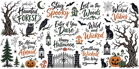 Obraz premium Halloween spooky elements and phrases, ghosts, pumpkins, haunted forest trees, bats, and cats