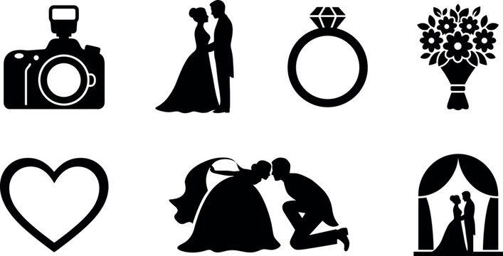 Wedding and marriage ceremony vector icon set featuring bride and groom silhouettes camera diamond ring flower bouquet heart and altar.