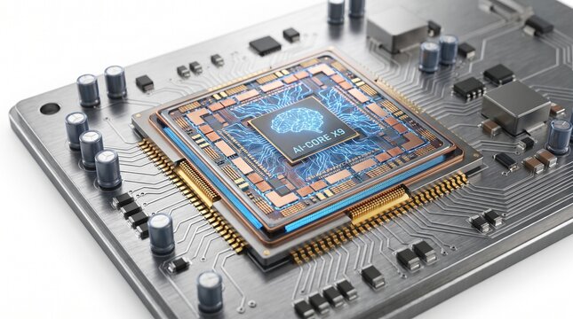 Artificial intelligence microchip mounted on a computer motherboard