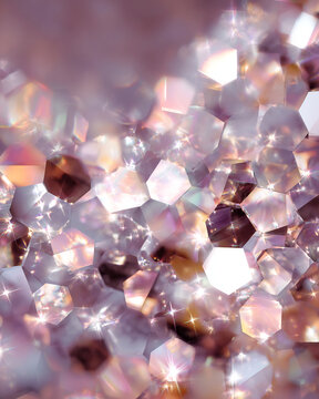 Sparkling pink glitter background with shiny hexagonal particles and bokeh effect