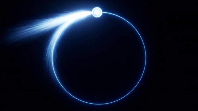 漆黒の宇宙で光の球体が円軌道上を高速周回するサイバー空間の3DCG動画