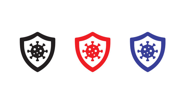Virus shield icon in black red and blue representing defense against disease.