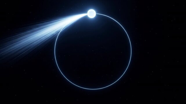 漆黒の宇宙で光の球体が円軌道上を高速周回するサイバー空間の3DCG動画