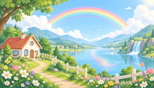 Idyllic landscape with a cottage, rainbow, lake, waterfall, and rolling hills