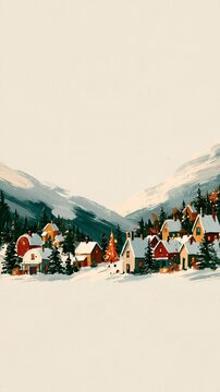 Charming hand painted winter illustration showing a cozy village covered in snow, surrounded by evergreen trees and dramatic mountain peaks, with open space for seasonal design projects.