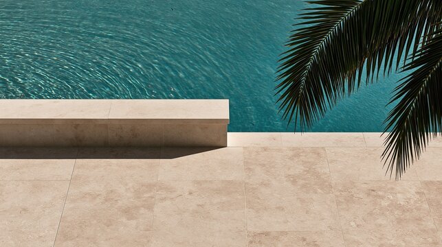 Infinity edge swimming pool with turquoise clear water framed by palm leaf and beige travertine stone deck in luxury tropical resort minimalist outdoor architecture