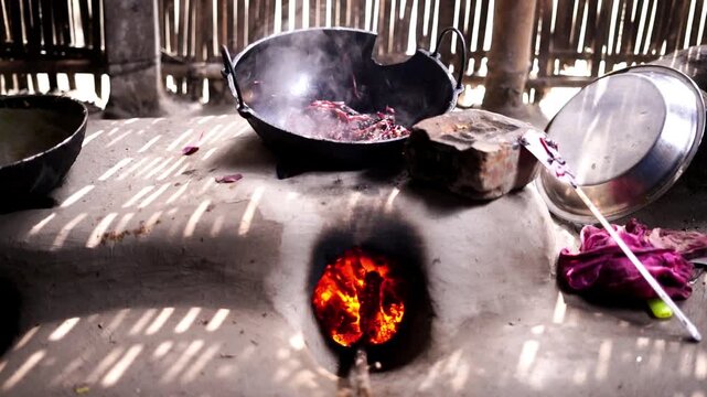 Traditional mud stove cooking with burning firewood and a smoking pan in a rural kitchen.