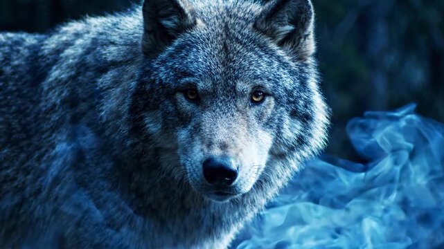 Powerful grey wolf with piercing eyes emerges from mystical blue smoke.