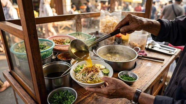 Indonesian street food vendor pouring savory broth into a bowl of soto ayam at a traditional market stall.