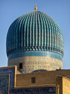 Dome of Guri Amir mausoleum against a blue sky. Samarkand, Uzbekistan. Building complex of the XV century