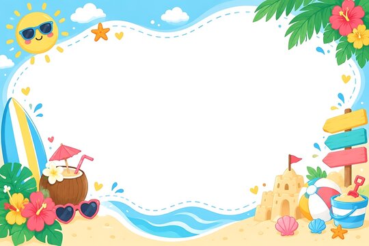 Sunny beach vacation border with tropical elements and vacation activities