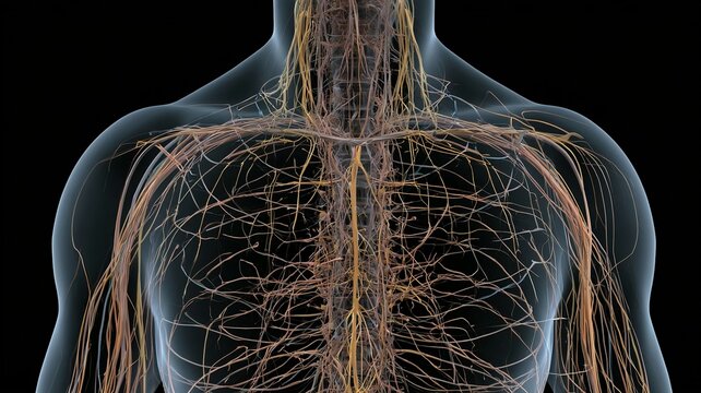 Detailed anatomical visualization of the human upper body showing an extensive network of nerves throughout the head, neck, shoulders, and torso.