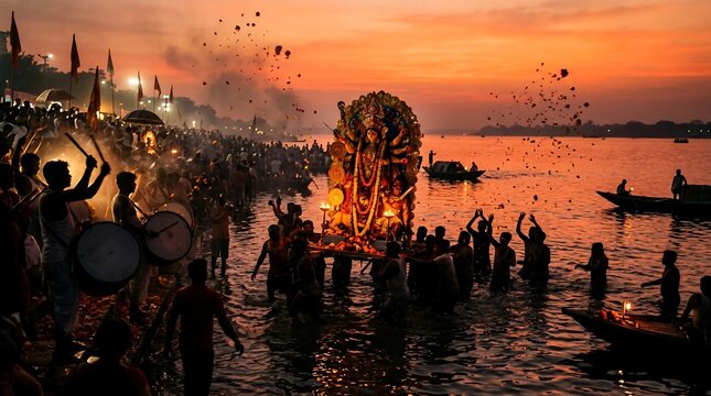 Durga Puja immersion ceremony with devotees in the Ganges river at sunset
