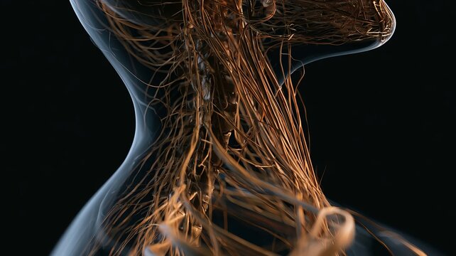 Close-up anatomical visualization of the human neck and upper torso highlighting the intricate network of nerves against a dark background.