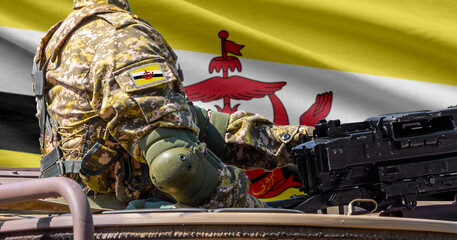 Brunei Darussalam flag with soldier at machinegun turret © lucky pics