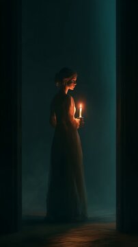 Moody artistic scene of a woman in a long dark dress holding a glowing candle in a shadowy interior with dramatic atmospheric lighting.