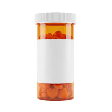 Orange plastic pill bottle with heart shaped tablets isolated on transparent background
