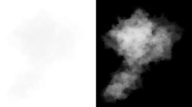 Atmospheric white smoke cloud on black background, realistic steam and fog texture, ethereal mist vapor for photo manipulation and cinematic overlays