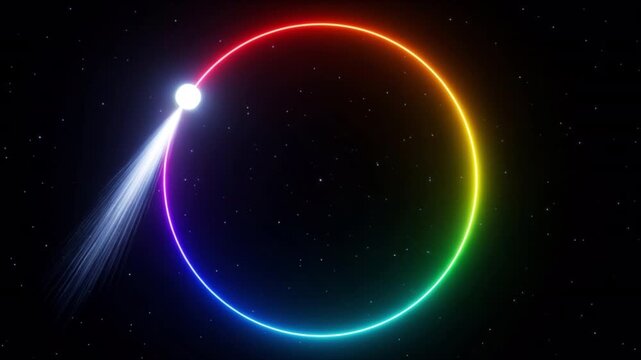 漆黒の宇宙で虹色の円軌道上を光の球体が高速周回するサイバー3DCG動画