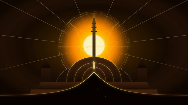 Sword silhouette glowing against a radiant golden sun