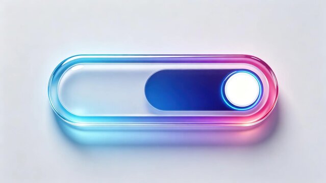 Glossy gradient blue purple pink glass toggle switch slider button turned on with glowing light modern user interface design element for mobile app and digital technology