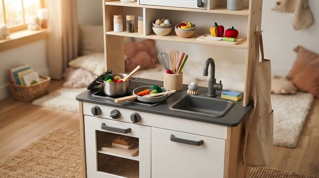 A charming wooden toy kitchen set with a stove, sink, and shelves filled with play food and utensils, creating a cozy and inviting play area in a sunlit room.