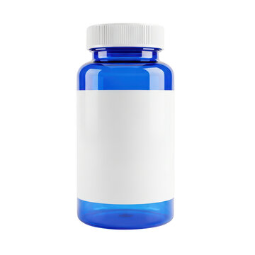 Blue plastic bottle with blank label for medicine or pills isolated on transparent background