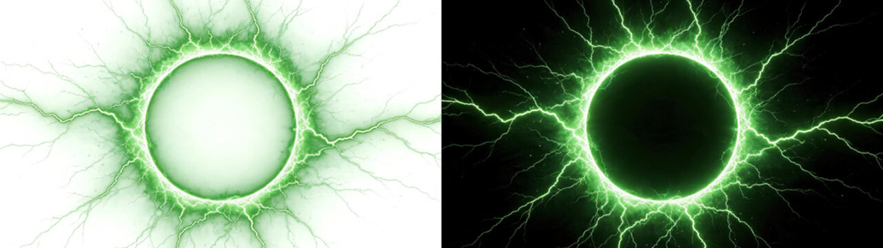 Png of abstract green energy sphere with electric lightning bolts radiating from the center, powerful glowing plasma circle, high voltage discharge effect isolated on transparent background