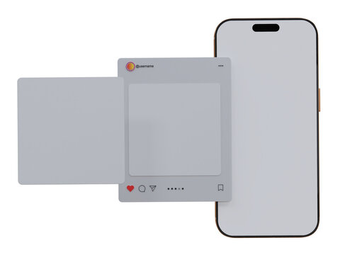 Smartphone social media mockup with blank content cards and post interface floating, isolated, offering a modern template for mobile content, advertising, branding, digital marketing, and presentation