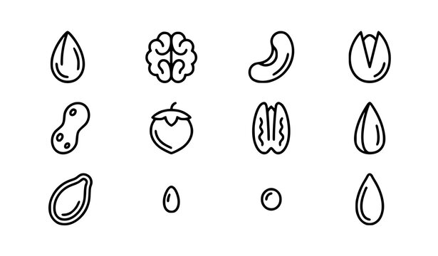 Nuts and seeds editable stroke outline icons set healthy food vector collection