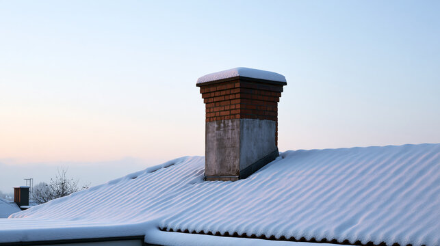 Rooftops with a chimney at dawn under a pale sky