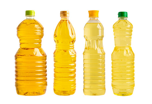 Vegetable oil in different bottle for cooking isolated on white background.