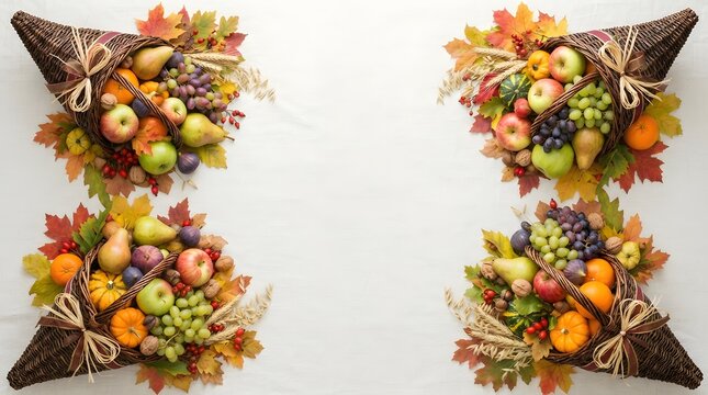 Four cornucopias filled with fresh autumn fruits and vegetables isolated on white background
