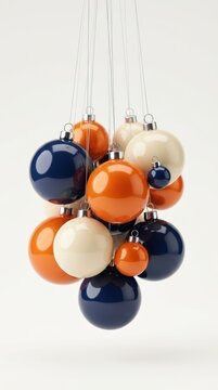 A beautiful cluster of shiny orange dark blue and white christmas ornaments hanging for holiday decoration