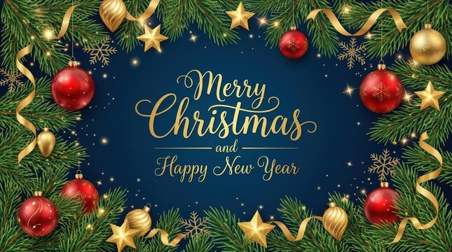 Merry christmas and happy new year greeting card with red ornaments golden stars and fir tree branches frame on a dark blue background