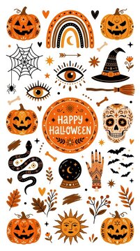 Halloween set with pumpkins skull witch hat spider web crystal ball snake and boho rainbow elements for festive holiday decorations and party graphic design projects
